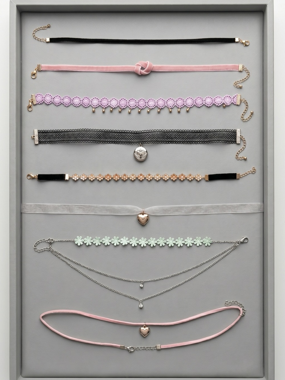 Set of Women's Pink, Black and Lilac Fashion Chokers - 8 total chokers